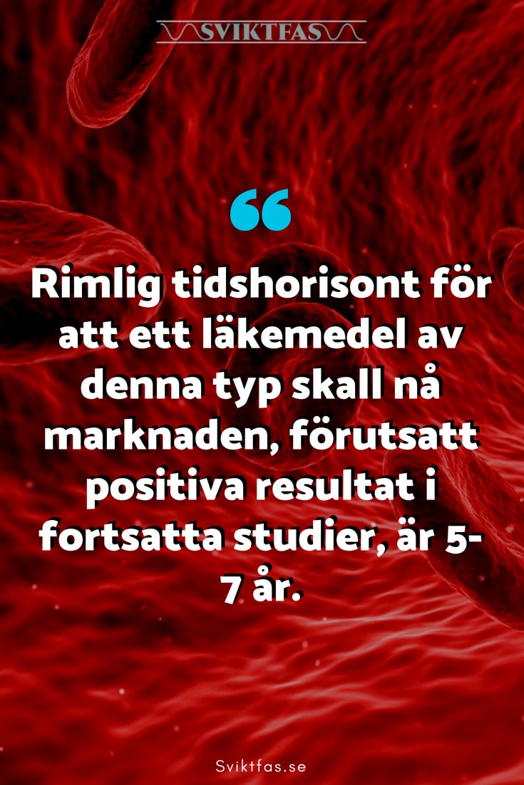 Rimlig tidshorisont för att ett läkemedel av denna typ skall nå marknaden, förutsatt positiva resultat i fortsatta studier, är 5-7 år.